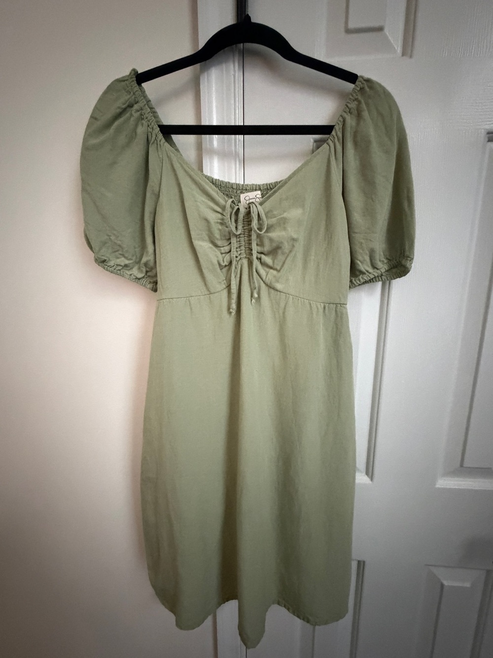Jessica Simpson Green Puff-Sleeve Mini Dress with Front Tie
